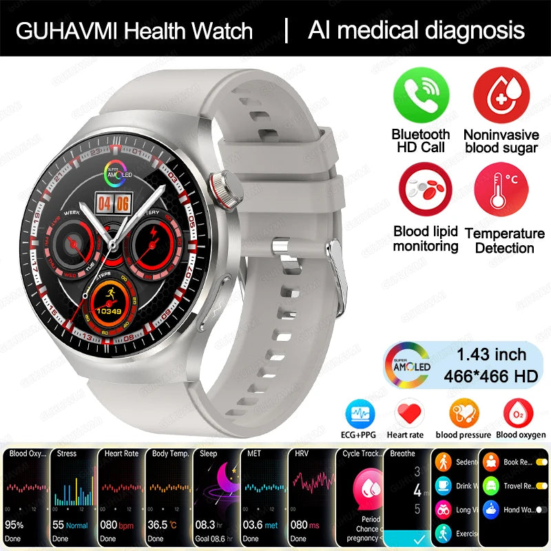 2024 New Medical Grade Smart Watch Blood Sugar Blood Lipid Uric Acid ECG+PPG Body Temperature Bluetooth Call Health Smartwatch