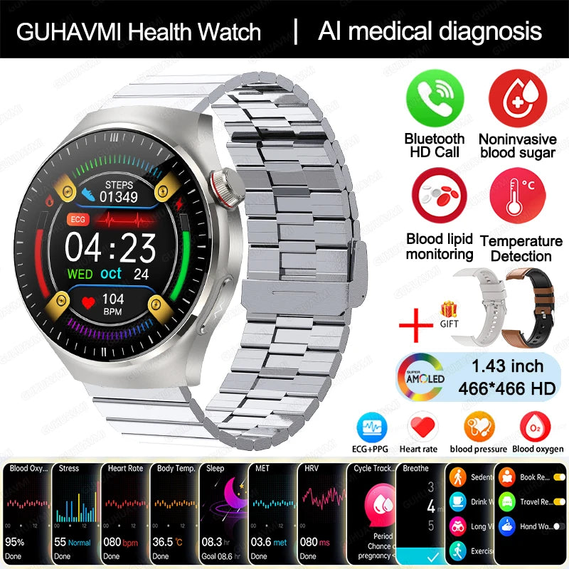 2024 New Medical Grade Smart Watch Blood Sugar Blood Lipid Uric Acid ECG+PPG Body Temperature Bluetooth Call Health Smartwatch