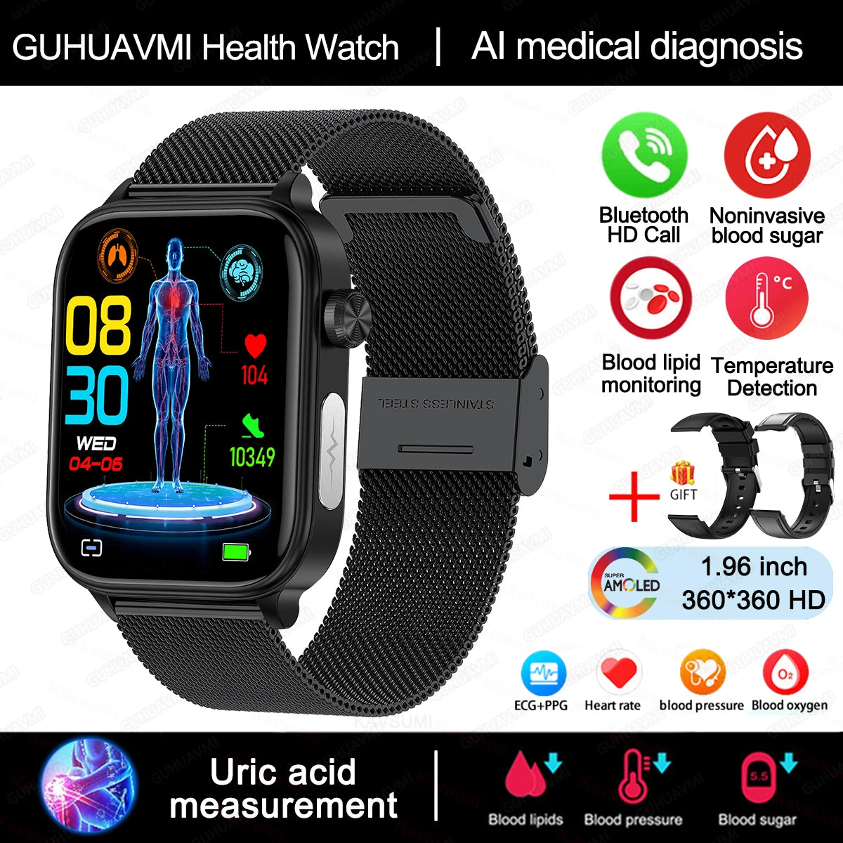 For Xiaomi Medical Grade ECG+PPG Smart Watch Women Blood Sugar Blood Lipid Uric Acid Women Menstrual Health Tracker Smartwatch