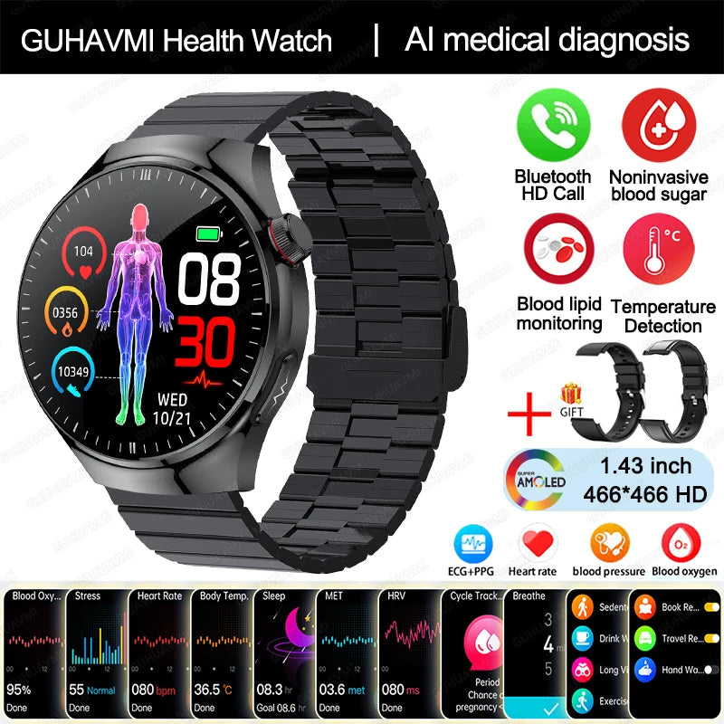 2024 New Medical Grade Smart Watch Blood Sugar Blood Lipid Uric Acid ECG+PPG Body Temperature Bluetooth Call Health Smartwatch