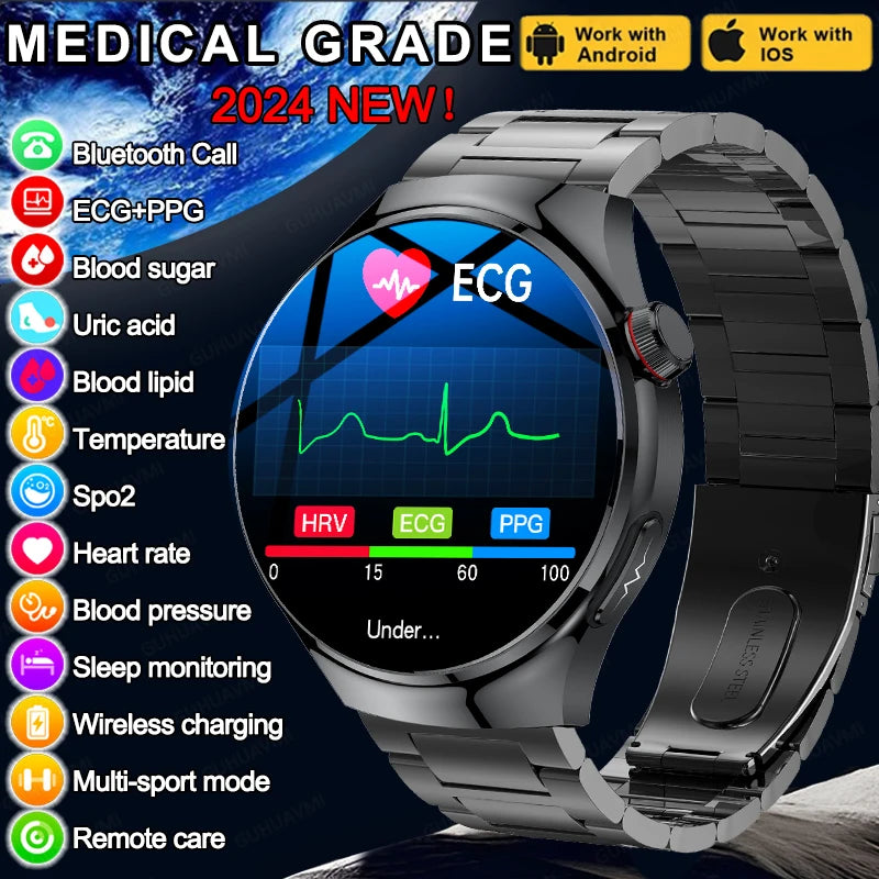 2024 New Medical Grade Smart Watch Blood Sugar Blood Lipid Uric Acid ECG+PPG Body Temperature Bluetooth Call Health Smartwatch