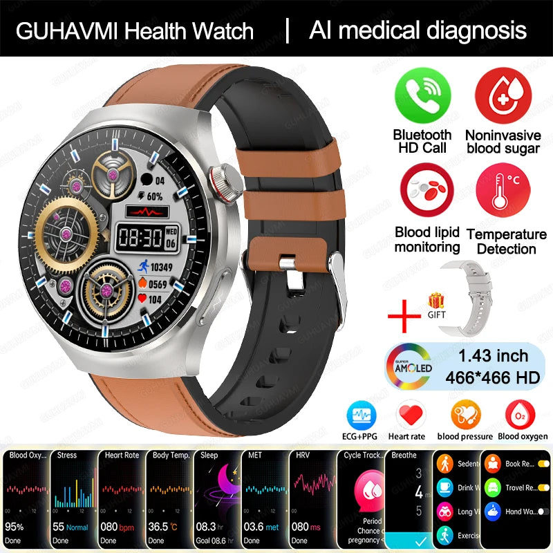 2024 New Medical Grade Smart Watch Blood Sugar Blood Lipid Uric Acid ECG+PPG Body Temperature Bluetooth Call Health Smartwatch