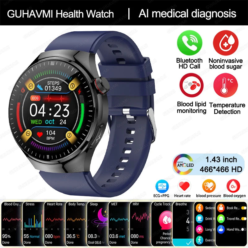 2024 New Medical Grade Smart Watch Blood Sugar Blood Lipid Uric Acid ECG+PPG Body Temperature Bluetooth Call Health Smartwatch