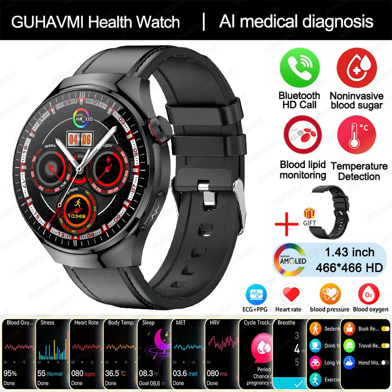 2024 New Medical Grade Smart Watch Blood Sugar Blood Lipid Uric Acid ECG+PPG Body Temperature Bluetooth Call Health Smartwatch