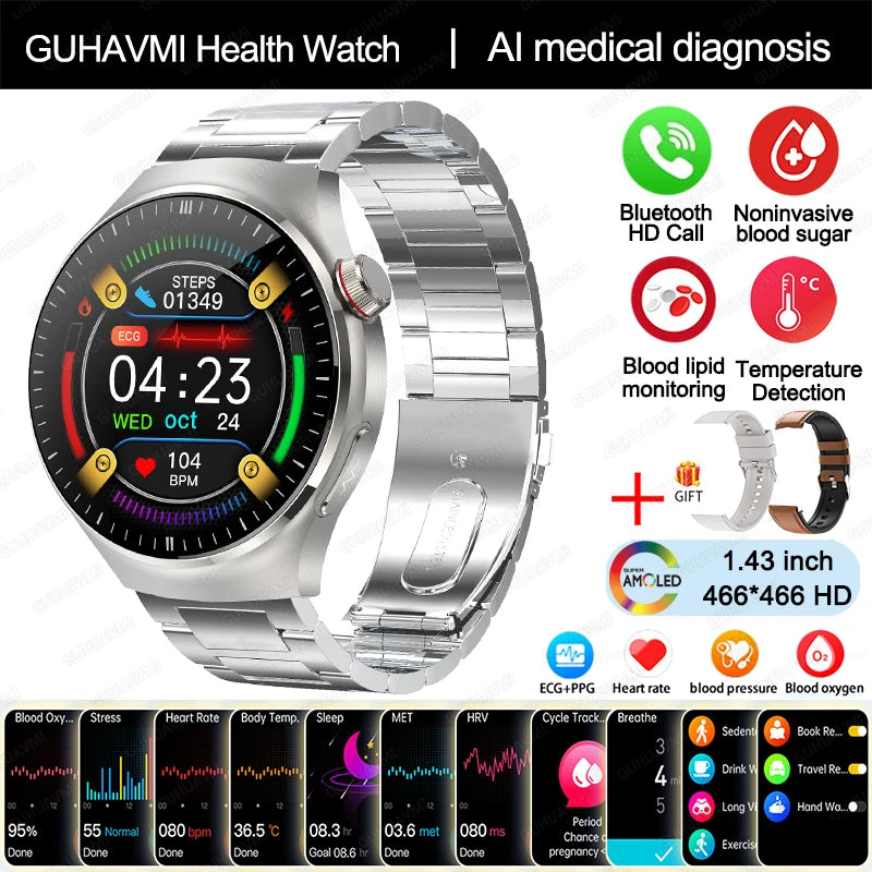 2024 New Medical Grade Smart Watch Blood Sugar Blood Lipid Uric Acid ECG+PPG Body Temperature Bluetooth Call Health Smartwatch