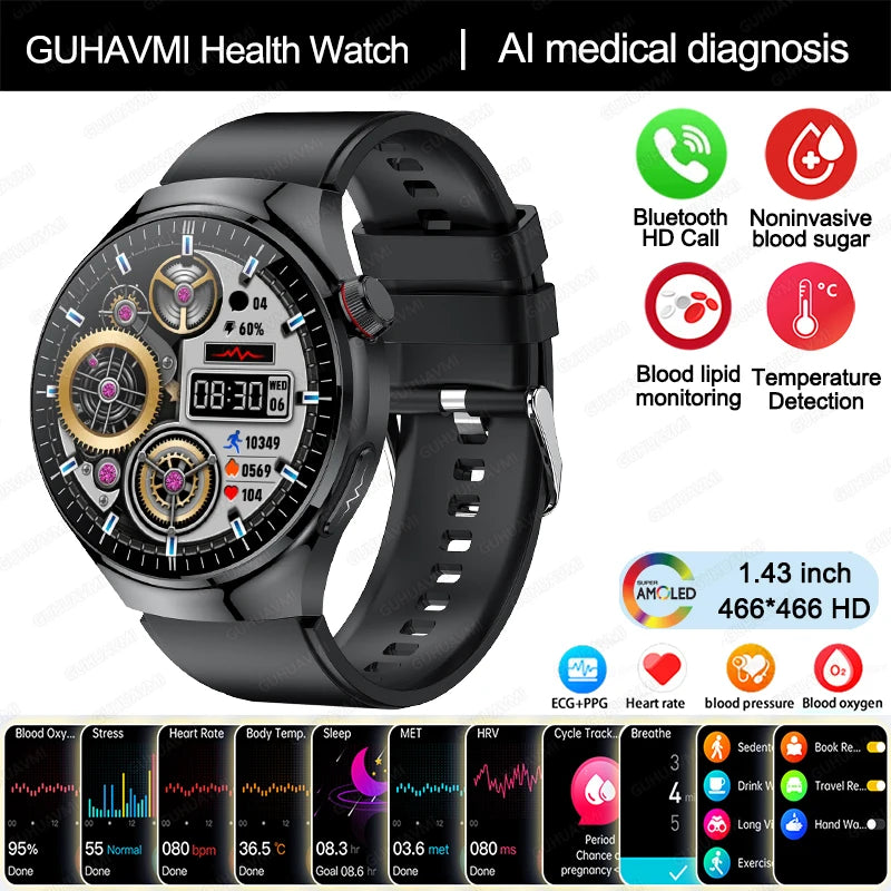 2024 New Medical Grade Smart Watch Blood Sugar Blood Lipid Uric Acid ECG+PPG Body Temperature Bluetooth Call Health Smartwatch