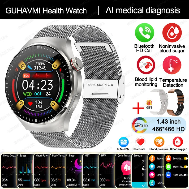 2024 New Medical Grade Smart Watch Blood Sugar Blood Lipid Uric Acid ECG+PPG Body Temperature Bluetooth Call Health Smartwatch