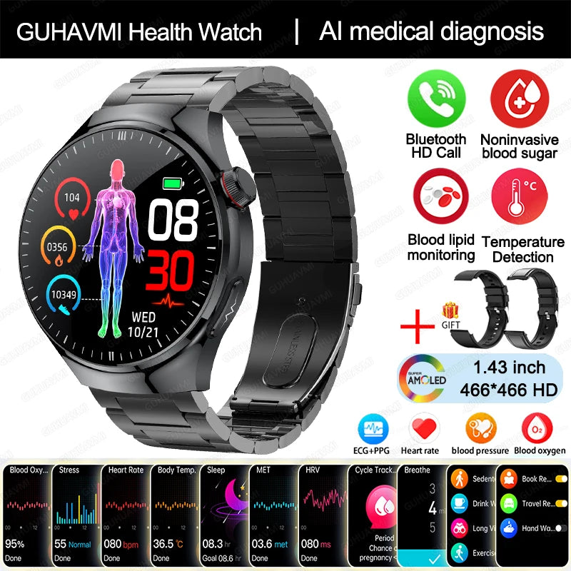 2024 New Medical Grade Smart Watch Blood Sugar Blood Lipid Uric Acid ECG+PPG Body Temperature Bluetooth Call Health Smartwatch