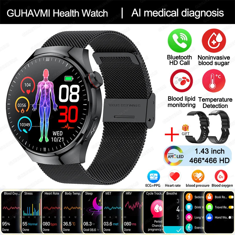 2024 New Medical Grade Smart Watch Blood Sugar Blood Lipid Uric Acid ECG+PPG Body Temperature Bluetooth Call Health Smartwatch