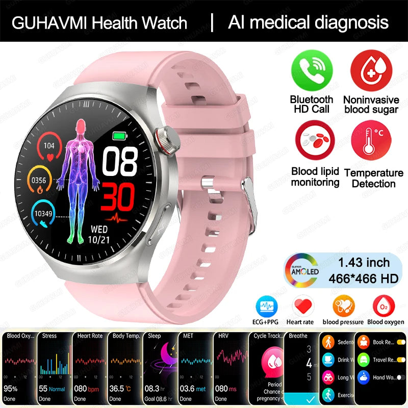 2024 New Medical Grade Smart Watch Blood Sugar Blood Lipid Uric Acid ECG+PPG Body Temperature Bluetooth Call Health Smartwatch